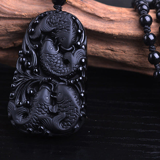 Buddha Stones Black Obsidian Koi Fish Engraved Strength Beaded Necklace Pendant Necklaces & Pendants BS 13