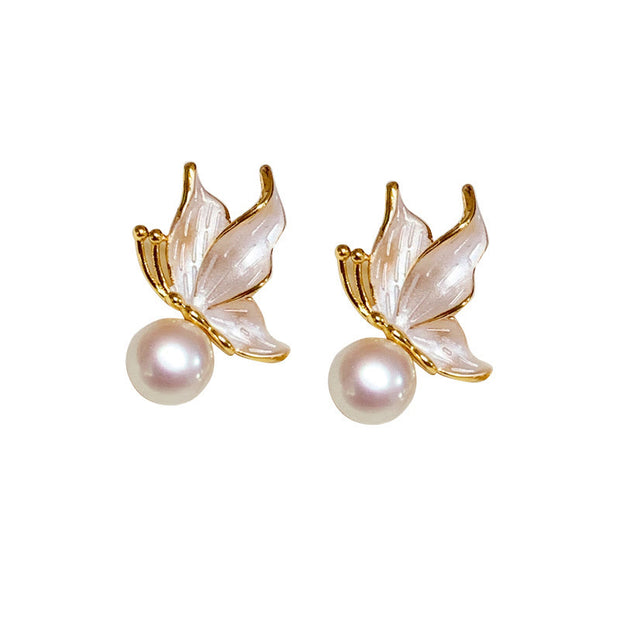 Buddha Stones 925 Sterling Silver Posts Copper Plated Gold Natural Pearl Bead Butterfly Wisdom Stud Earrings 5