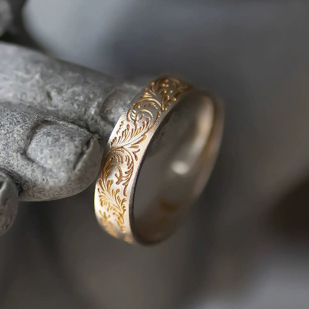 Buddha Stone 999 Sterling Silver Gold-Painted Joyful Flower Pattern Peaceful Heart Sutra Ring Ring BS 9
