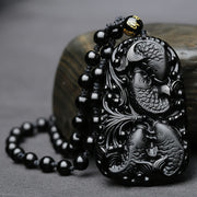 Buddha Stones Black Obsidian Koi Fish Engraved Strength Beaded Necklace Pendant Necklaces & Pendants BS 3