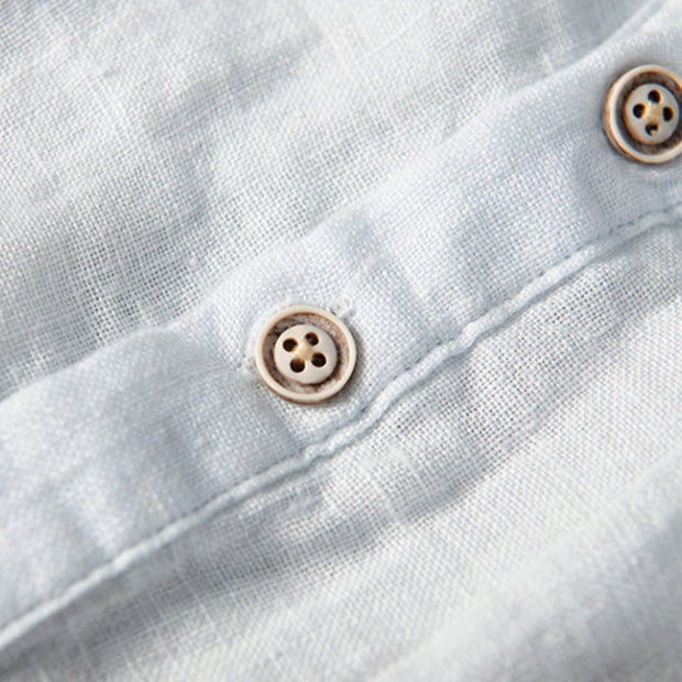 Buddha Stones Solid Color Short Sleeve Half Button Shirt Linen Men Clothing