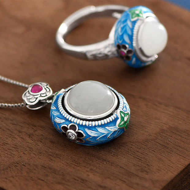 Buddha Stones 925 Sterling Silver Blue Enamel Round Hetian Jade Luck Necklace Pendant Ring Set Bracelet Necklaces & Pendants BS 1