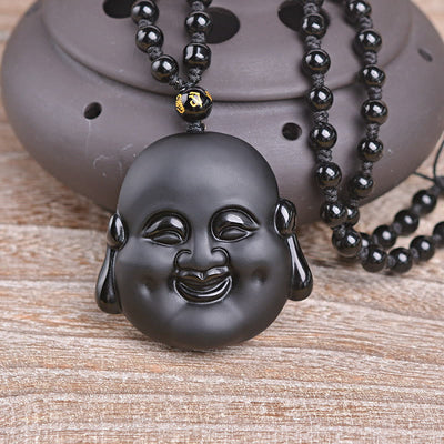 Buddha Stones Natural Black Obsidian Laughing Buddha Purification Necklace Pendant Necklaces & Pendants BS Laughing Buddha Pendant+Bead Chain