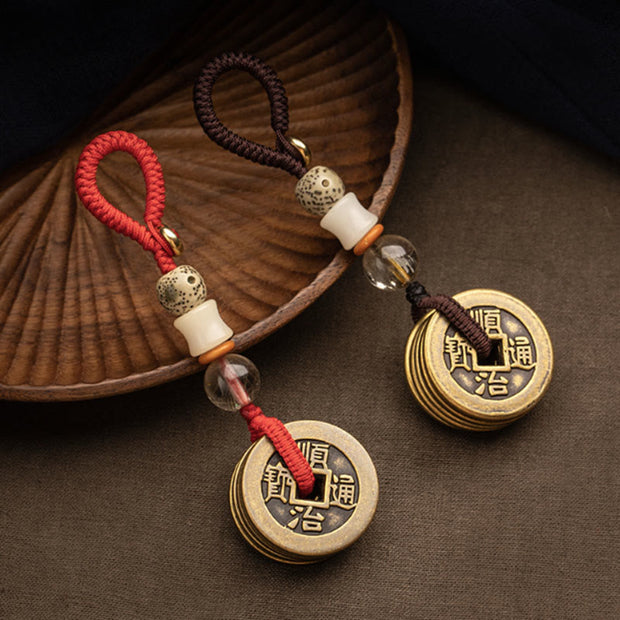 Buddha Stones Feng Shui Five Emperor Coins Luck Bodhi Seed Money Wealth Keychain