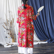 Buddha Stones Red Blue Peony Midi Dress Half Sleeve Cotton Linen Dress Wide Leg Pants With Pockets 15