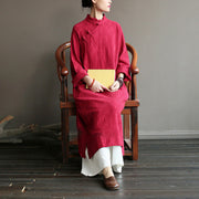 Buddha Stones Flower Jacquard Midi Dress Long Sleeve Cotton Linen Dress Wide Leg Pants With Pockets 26