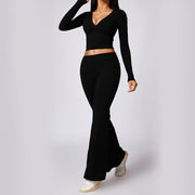 Buddha Stones Solid Crop Tank Long Sleeve Top Flared Pants For Sports Fitness Yoga