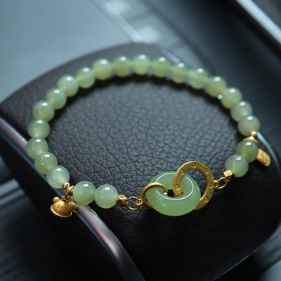 Buddha Stones 925 Sterling Silver Plated Gold Natural Hetian Jade Bead Gourd Lotus Bamboo Fu Character Luck Bracelet (Extra 35% Off | USE CODE: FS35) - 6mm Hetian Jade Double Peace Buckle Fu Character(Wrist Circumference 14-16cm) - image 0