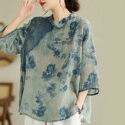 Buddha Stones Blue Jacaranda Flower Design Three Quarter Sleeve Ramie Linen Shirt Women's Shirts BS 2