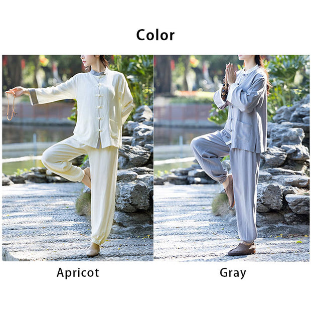 Buddha Stones 2Pcs Frog-Button Long Sleeve Shirt Top Pants Meditation Zen Tai Chi Cotton Linen Clothing Women's Set Women's Meditation Cloth BS 13