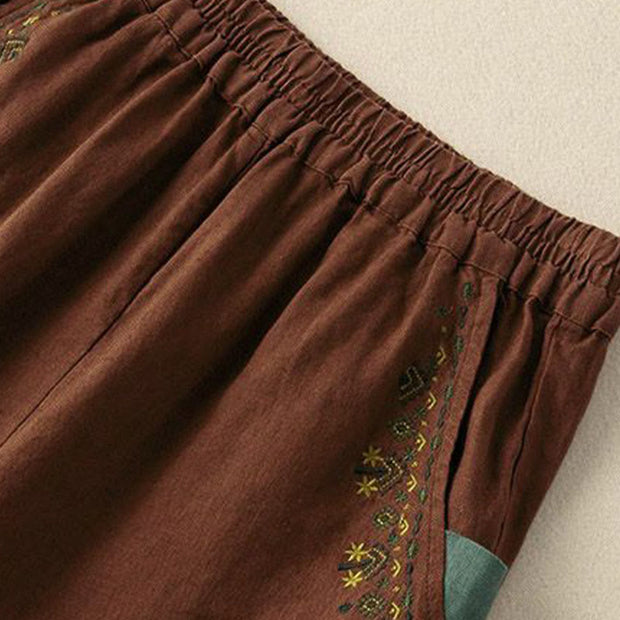 Buddha Stones Vintage Embroidery Elastic Waist Harem Pants With Pockets Harem Pants BS 9