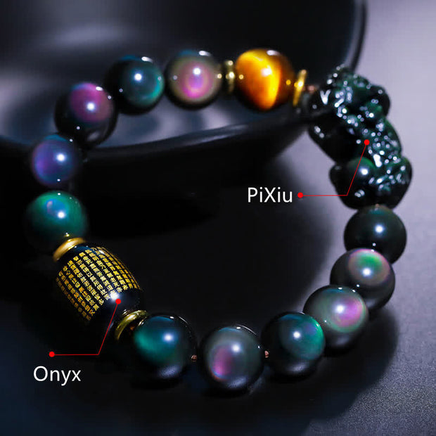 Buddha Stones FengShui PiXiu Rainbow Obsidian Black Onyx Tiger Eye Positive Bracelet