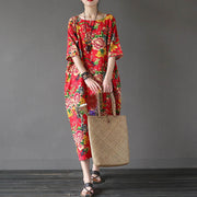 Buddha Stones Red Peony Flowers Printed Midi Dress Half Sleeve Cotton Linen Dress6