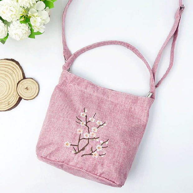 Buddha Stones Embroidery Wisteria Plum Lotus Cherry Blossom Cotton Linen Canvas Tote Crossbody Bag Shoulder Bag Handbag 33