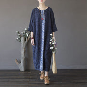 Buddha Stones Blue Flowers Embroidery Jacquard Midi Dress Three Quarter Sleeve Cotton Dress With Pockets 18
