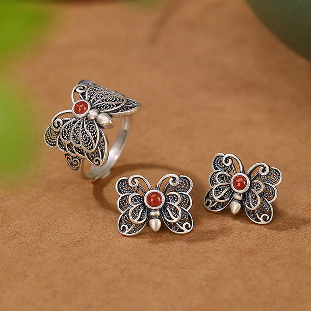 Buddha Stones 925 Sterling Silver Red Agate Butterfly Self-acceptance Ring Earrings Set Bracelet Necklaces & Pendants BS 2Pcs(Ring&Earrings)