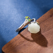 Buddha Stones 925 Sterling Silver Hetian Jade Lotus Luck Necklace Pendant Bracelet Bangle Ring Earrings Bracelet Necklaces & Pendants BS Ring(Inner Perimeter 53.1-55.61mm Adjustable)