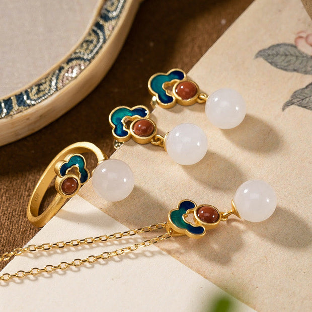 Buddha Stones 925 Sterling Silver Plated Gold Natural Hetian White Jade Auspicious Clouds Luck Necklace Pendant Ring Earrings Set
