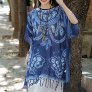Buddha Stones Blue Butterfly Indigo Dyeing Shawl Tassels Cozy Travel Pullover 90*95cm 10