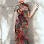 Buddha Stones Silk Qipao Dress Retro Flower Leaf Pattern Women's Cheongsam Dress