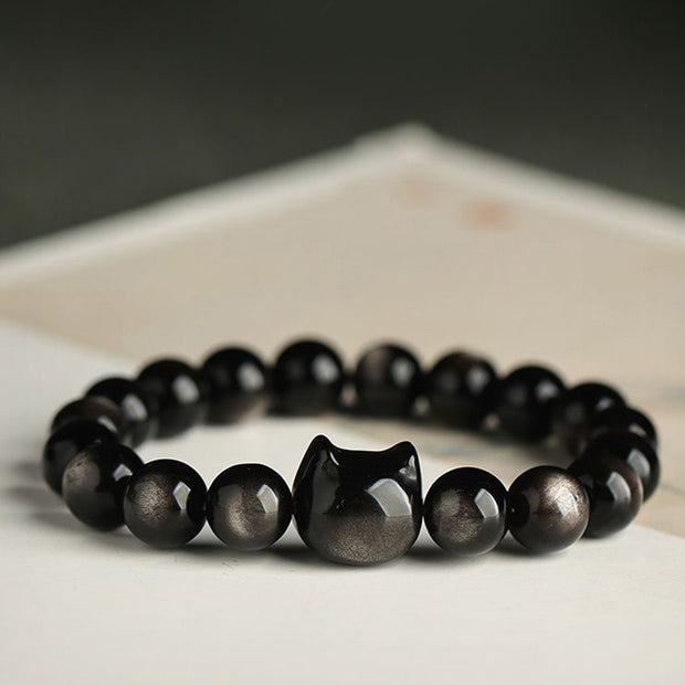 Buddha Stones Gold Sheen Obsidian Silver Sheen Obsidian Lovely Paw Lucky Cat Protection Bracelet