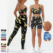 Buddha Stones 2Pcs Camo Print Backless Criss-Cross Strap Top Bra Shorts Leggings Pants Fitness Yoga Outfit Set