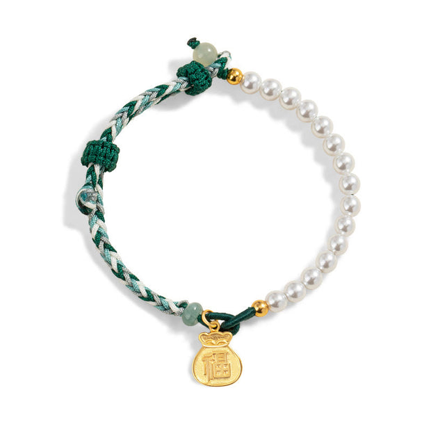 Buddha Stones 925 Sterling Silver Fu Character Lucky Bag Pearl Hetian Jade Wisdom Rope Bracelet