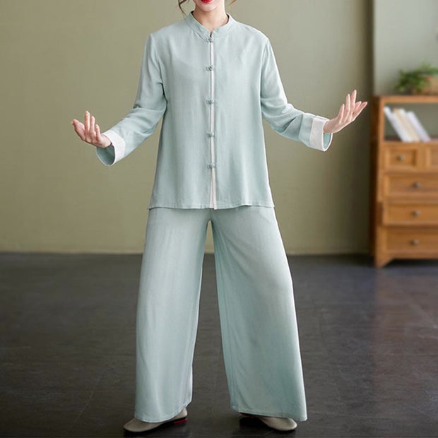 Buddha Stones 2Pcs Tang Suit Long Sleeve Shirt Top Pants Meditation Zen Tai Chi Cotton Linen Clothing Women's Set Women's Meditation Cloth BS 17