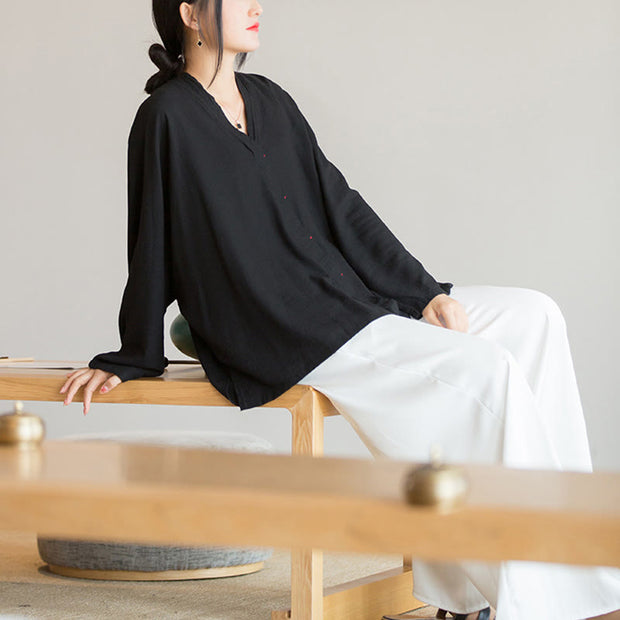 Buddha Stones V-Neck Blouse Women Shirt Long Sleeve Top Chinese Hanfu Style Clothing