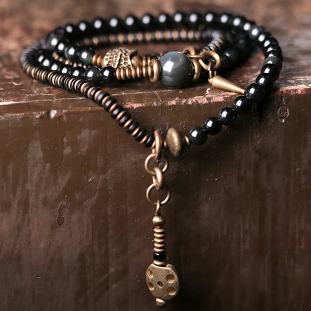 Buddha Stones Rainbow Obsidian Ebony Wood Copper Positive Multilayer Bracelet Bracelet BS 1