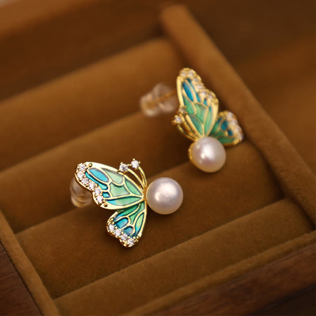 Buddha Stones 925 Sterling Silver Posts 18K Gold Plated Copper Natural Pearl Butterfly Healing Stud Earrings Earrings BS 3