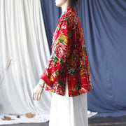 Buddha Stones Ethnic Red Flower Peony Frog-Button Cotton Linen Long Sleeve Shirt Jacket With Pockets 5