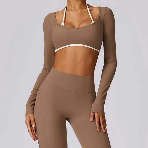 Buddha Stones Solid Color Halter Neck Bra Long Sleeve Crop Tank Top Pants Sports Fitness Gym Yoga Outfits