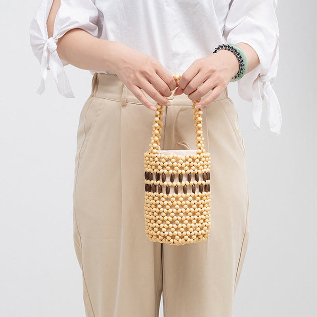 Buddha Stones Hand-woven Bucket Portable Wooden Beads Handbag Handbags BS 13