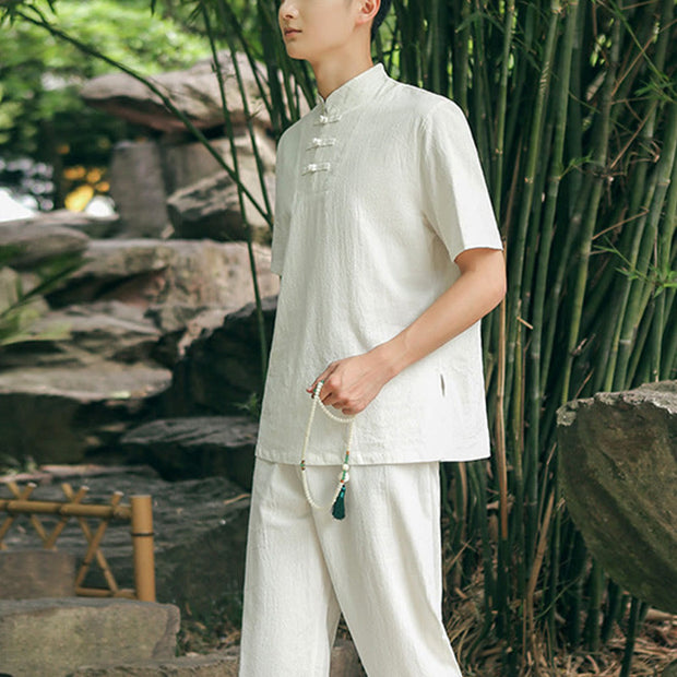 Buddha Stones 2Pcs Men's Short Sleeve Shirt Top T-Shirt Pants Meditation Zen Tai Chi Cotton Linen Clothing Set