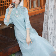 Buddha Stones Three Quarter Sleeve Chiffon Flower Embroidery Cheongsam Midi Dress
