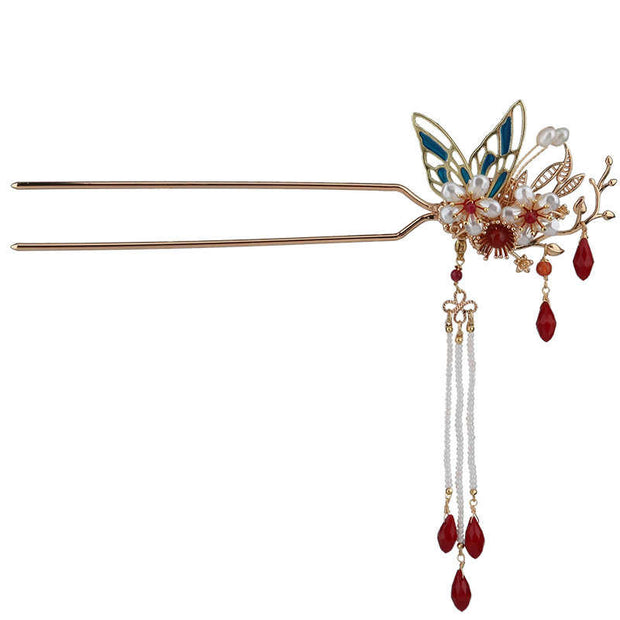 Buddha Stones Classical Chinese Style Flower Branche Butterfly Pearl Tassel Hair Clip Hair Comb Hair Crown