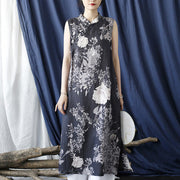 Buddha Stones Ancient Ramie Linen Flowers Printing Cheongsam Dresses Sleeveless Dress 12