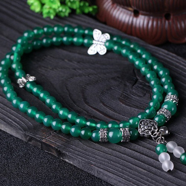 Buddha Stones 108 Mala Beads Natural Green Agate Butterfly Support Bracelet
