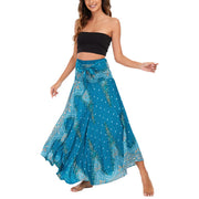 Buddha Stones Two Style Wear Boho Summer Peacock Feather Lace-up Skirt Dress