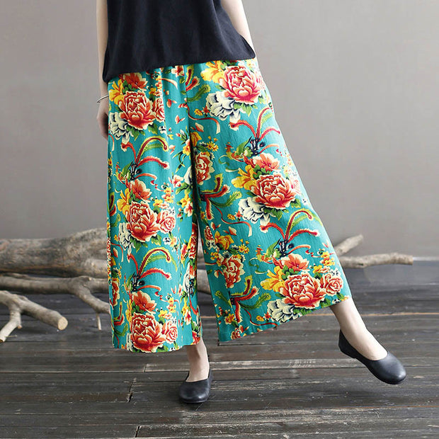 Buddha Stones Red Peony Flowers Cotton Linen Wide Leg Pants With Pockets