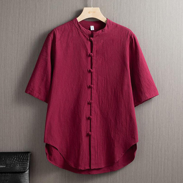 Buddha Stones Frog-Button Plain Chinese Tang Suit Short Sleeve Shirt Cotton Linen Men Clothing