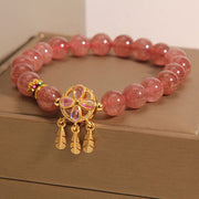 Buddha Stones Natural Strawberry Quartz Four Leaf Clover Dreamcatcher Charm Love Bracelet