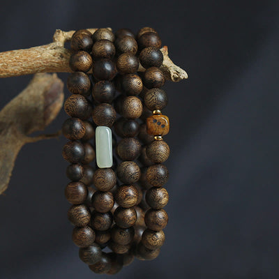 Buddha Stones 108 Mala Beads Brunei Agarwood Hetian Jade Yak Bone Strength Balance Bracelet