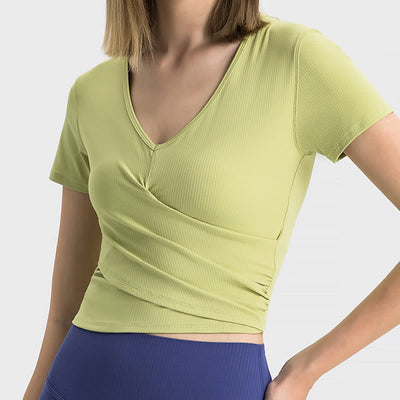 Buddha Stones V-Neck Ribbed T-shirt Cross Pleated Sports Yoga Top T-shirt BS Green(Top Only) 2XL(Bust 98cm/Length 45cm)