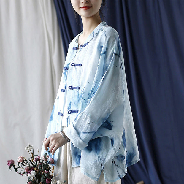 Buddha Stones Tie Dye Blue Flowers Frog-Button Design Long Sleeve Ramie Linen Jacket Shirt 3