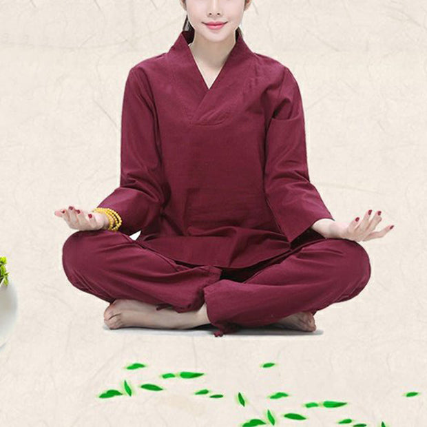 Buddha Stones Zen Practice Yoga Meditation Prayer V-neck Design Uniform Cotton Linen Clothing Women's Set Clothes BS 3