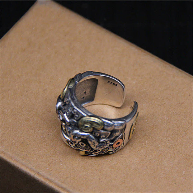 Buddha Stones 925 Sterling Silver Fengshui Kui Cattle Protection Adjustable Ring