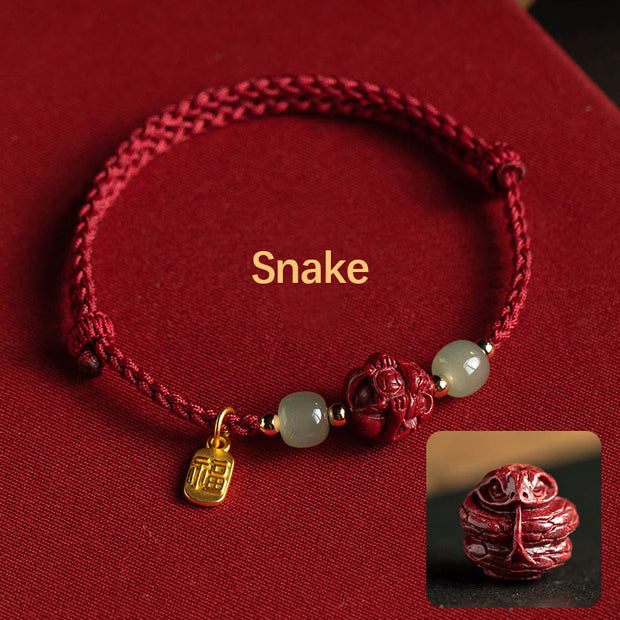 Buddha Stones Natural Cinnabar Chinese Zodiac Hetian Jade Fu Character Luck Rope Bracelet - Snake(Wrist Circumference 14-18cm) - image 5