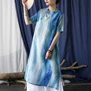 Buddha Stones Ramie Blue Digital Printing Cheongsam Dresses Short Sleeve Linen Dress 7